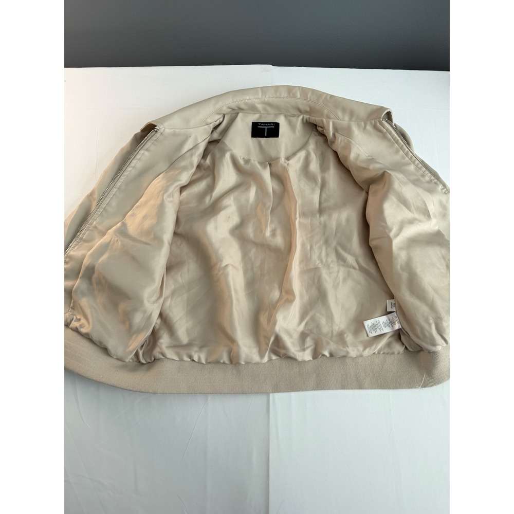 Tahari Faux Leather Jacket Womens Small Beige Puff Sleeve Bomber Moto - Picture 8 of 13